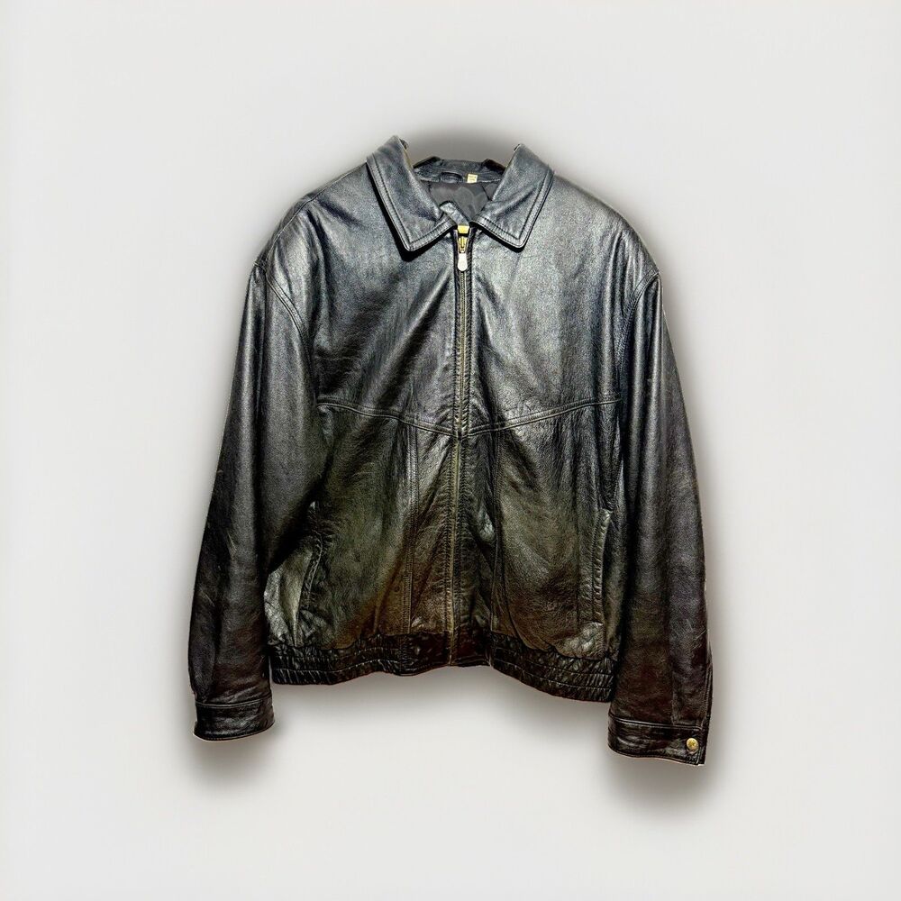 Roundtree & Yorke Genuine Leather Bomber Jacket Mens L Black Full Zip Collared
